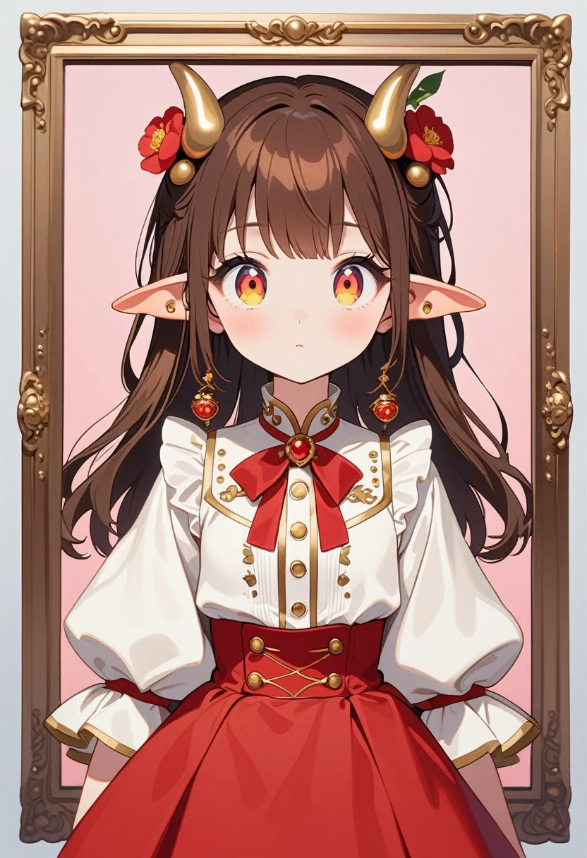 front，ID photo，An anime girl wearing a red skirt and black，She has brown hair and eyes。There are balls on both sides of the head，Shoulder-length hair，And wearing red flower ornaments on the ears。She wears a white blouse，It has gold buttons and pink cuffs.。Clean and tidy style