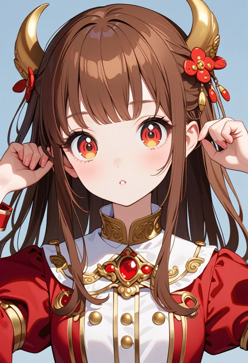 front，ID photo，An anime girl wearing a red skirt and black，She has brown hair and eyes。There are balls on both sides of the head，Shoulder-length hair，And wearing red flower ornaments on the ears。She wears a white blouse，It has gold buttons and pink cuffs.。Clean and tidy style