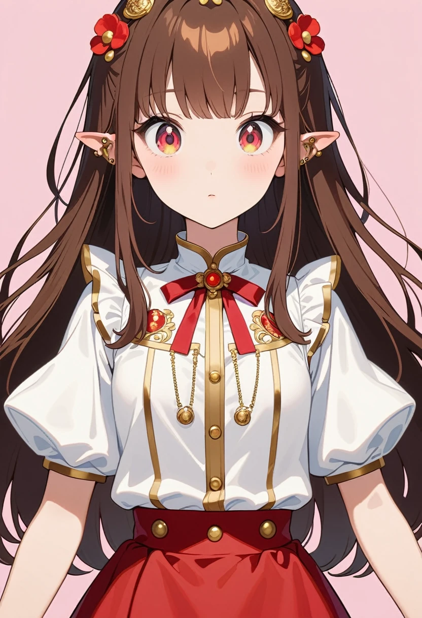 front，ID photo，An anime girl wearing a red skirt and black，She has brown hair and eyes。There are balls on both sides of the head，Shoulder-length hair，And wearing red flower ornaments on the ears。She wears a white blouse，It has gold buttons and pink cuffs.。Clean and tidy style