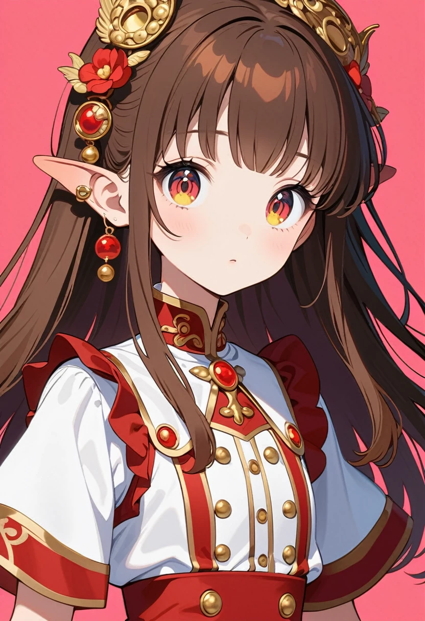 front，ID photo，An anime girl wearing a red skirt and black，She has brown hair and eyes。There are balls on both sides of the head，Shoulder-length hair，And wearing red flower ornaments on the ears。She wears a white blouse，It has gold buttons and pink cuffs.。Clean and tidy style