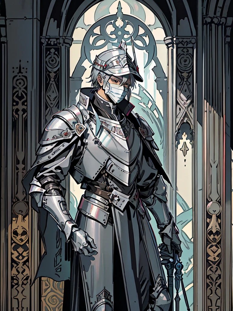 (Flat color:1.1),(Colorful:1.3),(Masterpiece:1.2), tarot: healer, Best quality, Masterpiece, Original, 1 male, ((metal mask)), silver skin, stern, wide brim hat, cleric robes, holding mace, Full body photo of men，((gray armor)), Very detailed wallpaper, Solo，(dream scenery)，tarot card layout，Best quality, Masterpiece, (Realistic:0.6), Realistic lighting, Flower frame， Decorative panels， abstract artistic， Alphonse Mucha （masterpiece， best quality， A high resolution： 1.4）， A detailed， Complicated details， 4K，cerulean， Line art， Fibonacci