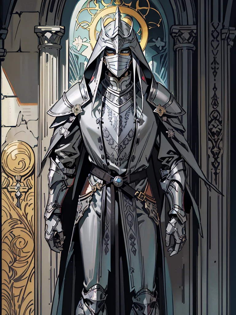 (Flat color:1.1),(Colorful:1.3),(Masterpiece:1.2), tarot: healer, Best quality, Masterpiece, Original, 1 male, ((metal mask)), silver skin, stern, wide brim hat, cleric robes, holding mace, Full body photo of men，((gray armor)), Very detailed wallpaper, Solo，(dream scenery)，tarot card layout，Best quality, Masterpiece, (Realistic:0.6), Realistic lighting, Flower frame， Decorative panels， abstract artistic， Alphonse Mucha （masterpiece， best quality， A high resolution： 1.4）， A detailed， Complicated details， 4K，cerulean， Line art， Fibonacci