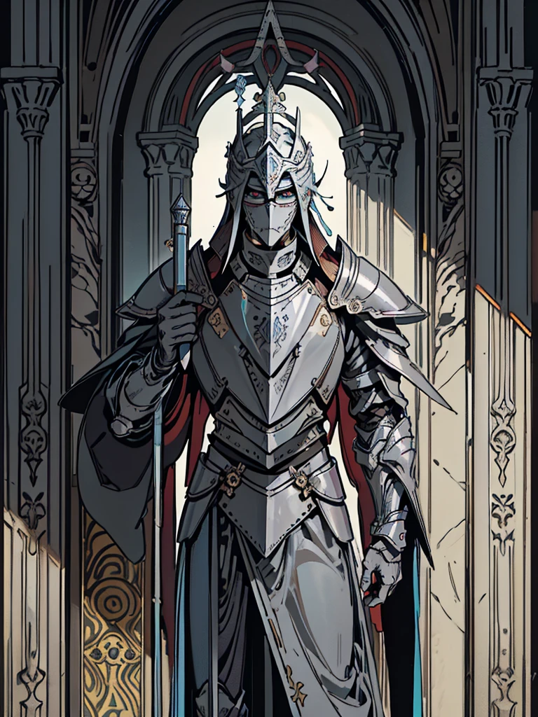 (Flat color:1.1),(Colorful:1.3),(Masterpiece:1.2), tarot: healer, Best quality, Masterpiece, Original, 1 male, ((metal mask)), silver skin, stern, wide brim hat, cleric robes, holding mace, Full body photo of men，((gray armor)), Very detailed wallpaper, Solo，(dream scenery)，tarot card layout，Best quality, Masterpiece, (Realistic:0.6), Realistic lighting, Flower frame， Decorative panels， abstract artistic， Alphonse Mucha （masterpiece， best quality， A high resolution： 1.4）， A detailed， Complicated details， 4K，cerulean， Line art， Fibonacci