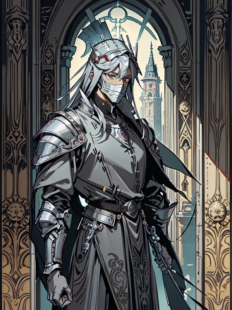 (Flat color:1.1),(Colorful:1.3),(Masterpiece:1.2), tarot: healer, Best quality, Masterpiece, Original, 1 male, ((metal mask)), silver skin, stern, wide brim hat, cleric robes, holding mace, Full body photo of men，((gray armor)), Very detailed wallpaper, Solo，(dream scenery)，tarot card layout，Best quality, Masterpiece, (Realistic:0.6), Realistic lighting, Flower frame， Decorative panels， abstract artistic， Alphonse Mucha （masterpiece， best quality， A high resolution： 1.4）， A detailed， Complicated details， 4K，cerulean， Line art， Fibonacci