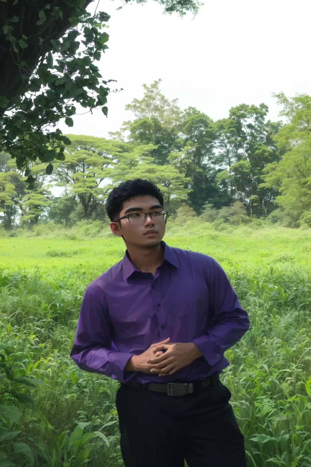 man in a purple shirt standing in a field of tall grass, in front of a forest background, nivanh chanthara, ramil sunga, mohamed chahin, in a large grassy green field, assamese aesthetic, in a open green field, in a field, nuttavut baiphowongse, portait image
