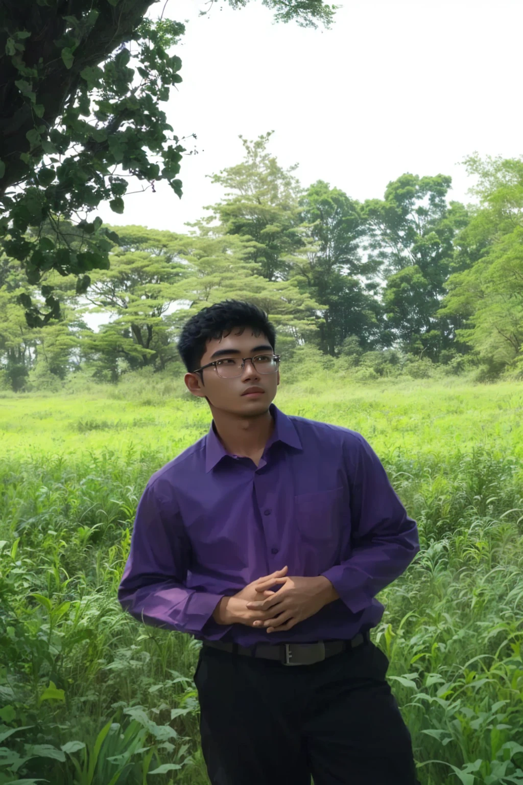  man in a purple shirt standing in a field of tall grass, in front of a forest background, nivanh chanthara, ramil sunga, mohamed chahin, in a large grassy green field, assamese aesthetic, in a open green field, in a field, nuttavut baiphowongse, portait image