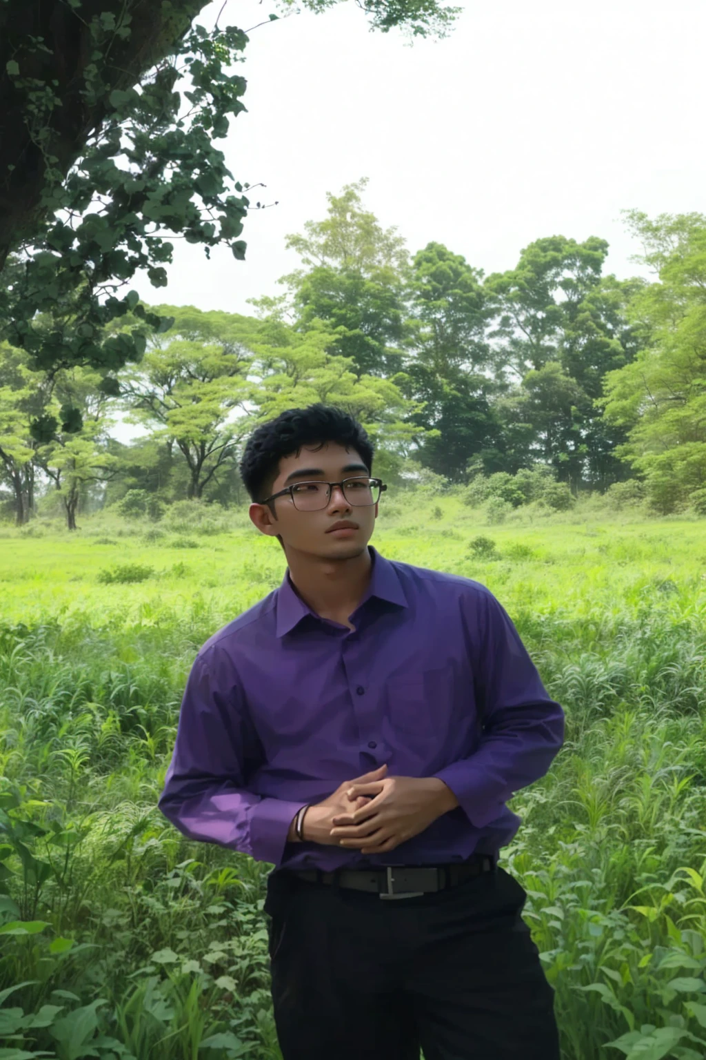 man in a purple shirt standing in a field of tall grass, in front of a forest background, nivanh chanthara, ramil sunga, mohamed chahin, in a large grassy green field, assamese aesthetic, in a open green field, in a field, nuttavut baiphowongse, portait image