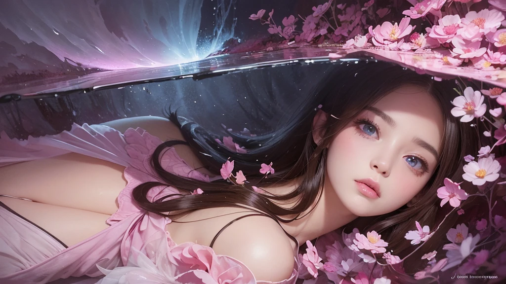 32k, Masterpiece, Highest quality, One girl, Detailed eyes, flower,Sandersonia, Pink and brown style,A dreamy, romantic piece,Pale pink, Mysterious Leaves,A playful arrangement,Fantasy,High Contrast,Ink strokes,explosion,Exposure, Impression of pink and brown tones,Abstract,((Watercolours by John Berkey and Jeremy Mann )) Brush strokes,Negative Space, Tyndall effect,