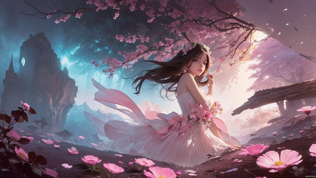 32k, Masterpiece, Highest quality, One girl, Detailed eyes, flower,Sandersonia, Pink and brown style,A dreamy, romantic piece,Pale pink, Mysterious Leaves,A playful arrangement,Fantasy,High Contrast,Ink strokes,explosion,Exposure, Impression of pink and brown tones,Abstract,((Watercolours by John Berkey and Jeremy Mann )) Brush strokes,Negative Space, Tyndall effect,