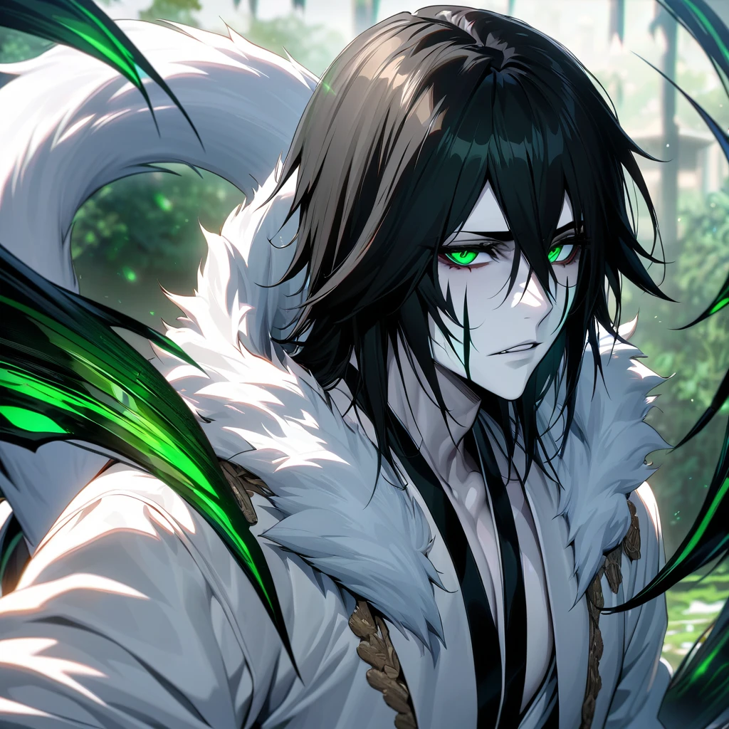 absurd, high definition, ultra detailed, HDR, masterpiece, extremely detailed face and eyes, perfect face, Ulquiorra Cifer, black hair, hair between eyes, expressive green eyes, pale skin, cat ears, big fluffy tail, Bleach, solo, sexy man , handsome man, white coat, patterns