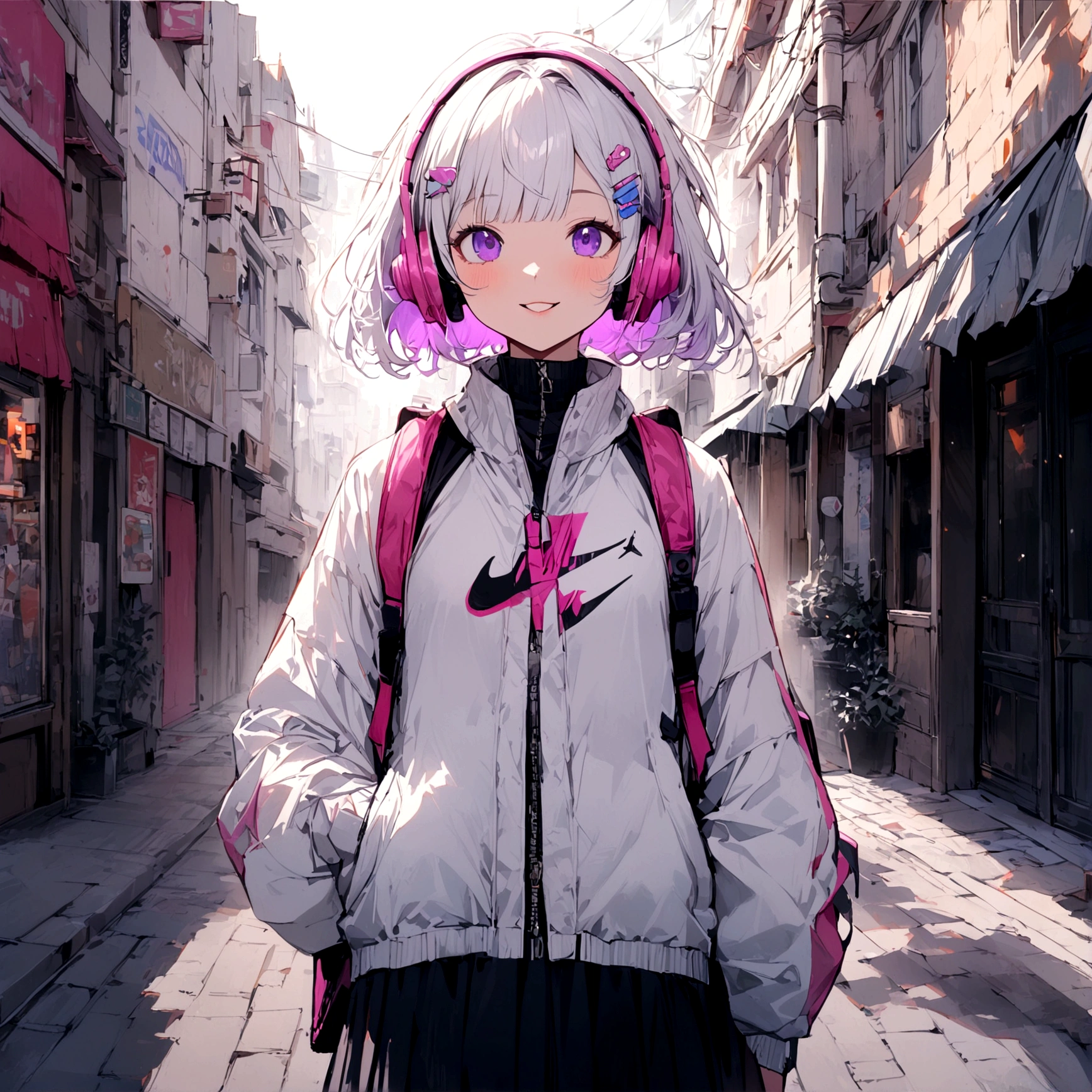 1girl, pink headphone over head, white hair,purple inner, purple eyes, bangs, short hair, front hair clips, left hairclips, white jacket, backpack, medium skirt, white Air jordan, street, sidewalk, smile, departed lips, beautiful, aesthetic, detailed, beautiful color amazing quality, best quality, high quality