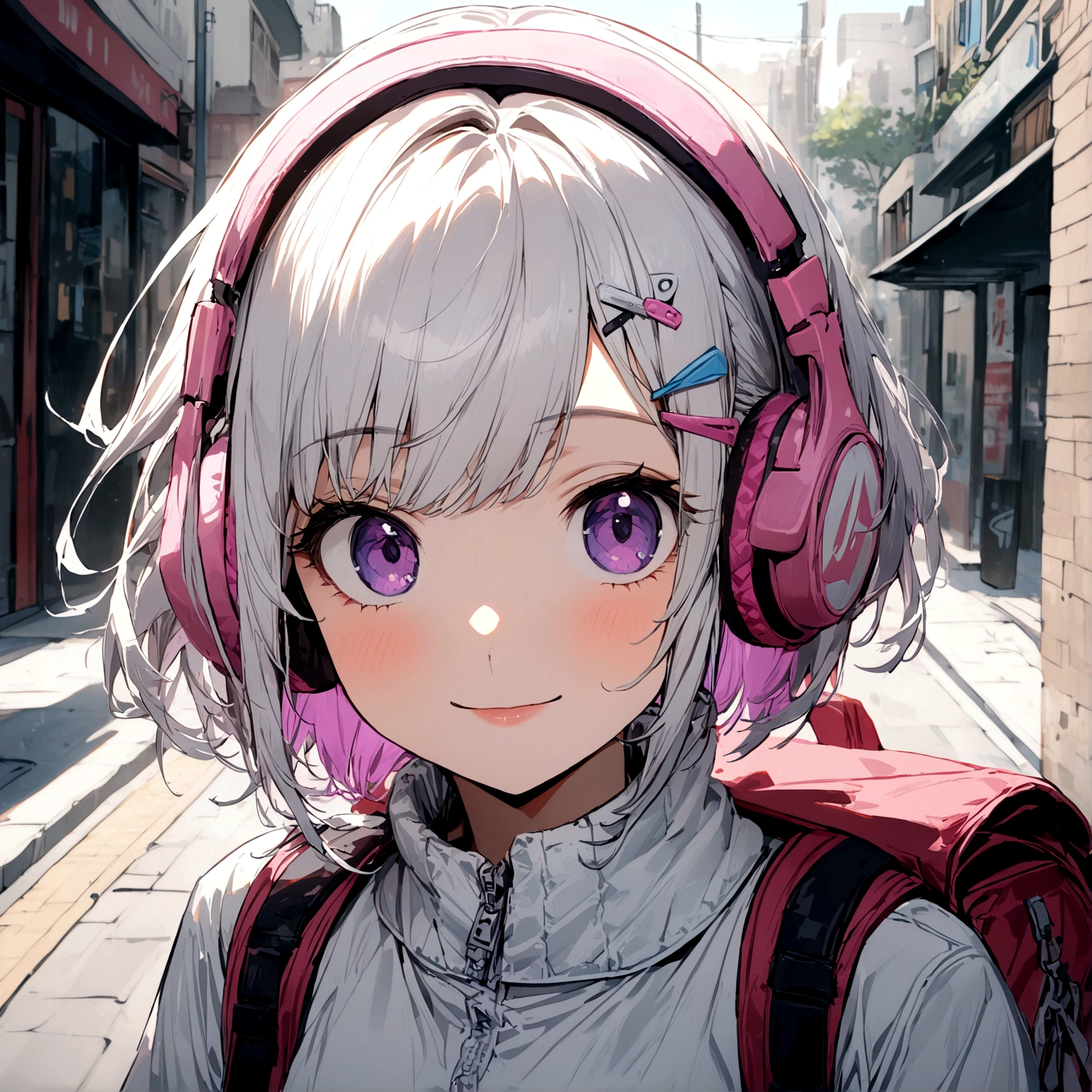 1girl, pink headphone over head, white hair,purple inner, purple eyes, bangs, short hair, front hair clips, left hairclips, white jacket, backpack, medium skirt, white Air jordan, street, sidewalk, smile, departed lips, beautiful, aesthetic, detailed, beautiful color amazing quality, best quality, high quality