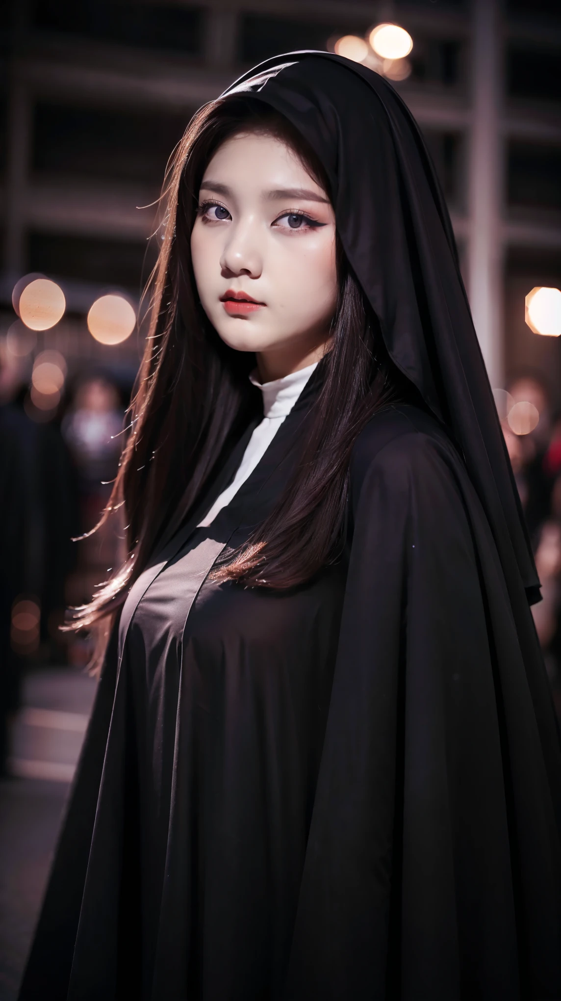 1 Same Girl , Perfect Beautiful , , Korean 18 Years Old , Large Colossal Breast , Black Gothic Nun Dress , Athletic Body , Extreme Detailed Portrait With Bokeh Effect , Realistic Lighting , Night Street View , Dark Vibe , Crowd , Gothic Makeup , Gothic Tattoo , Posing Like a Model , Look at Viewer