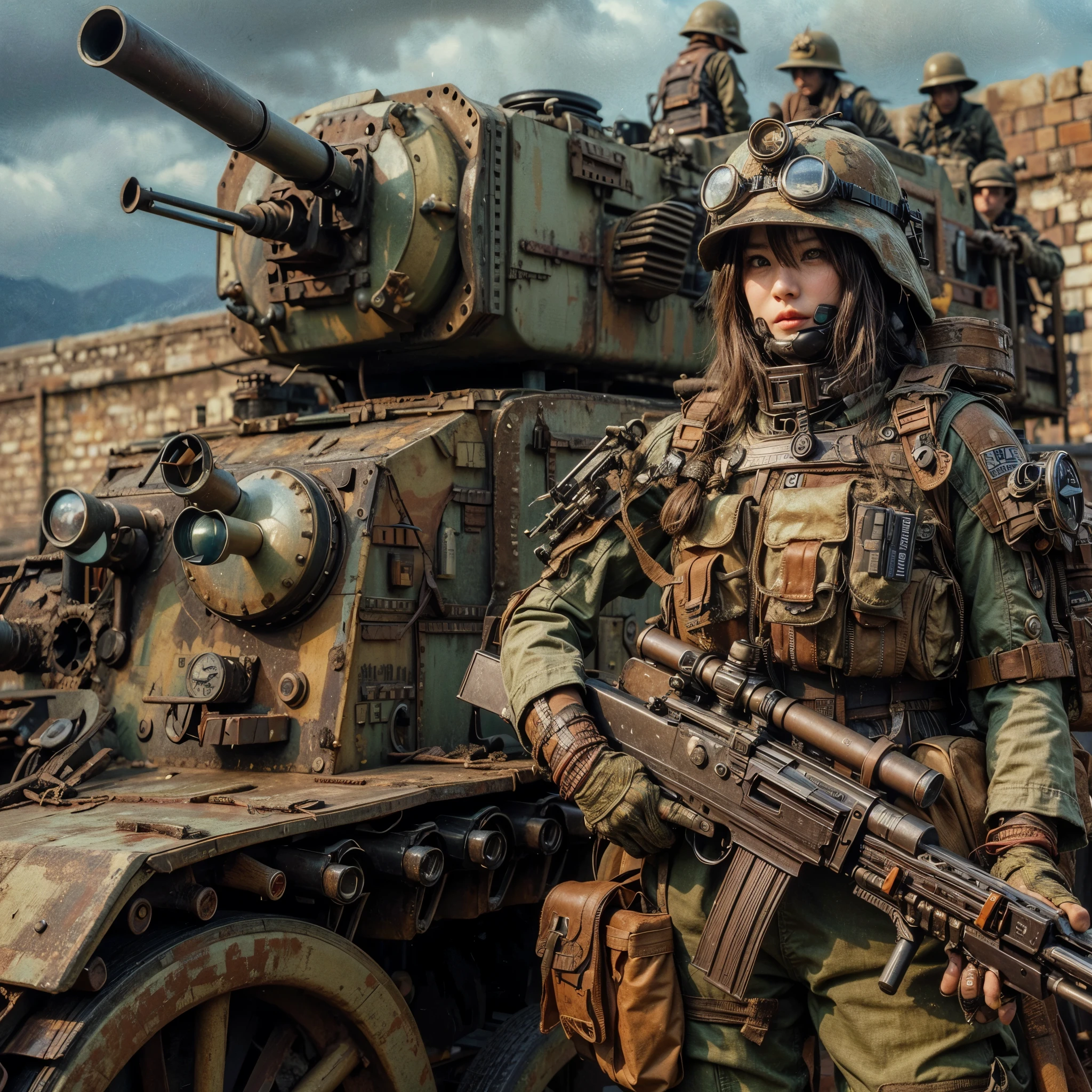 (masterpiece, best quality:1.2), (8k uhd, 16k, 32k, ultra high res), Steampunk, fictional WWII former Japanese Imperial Army armored car and cyborg Japanese female soldier, beautiful face, torn pants, dirty clothes, very intricate details, olive drab paint, peeling paint, weathering, fortress attack, realistic photo, taken with Fuji film X-T30+Nokton. HDR10