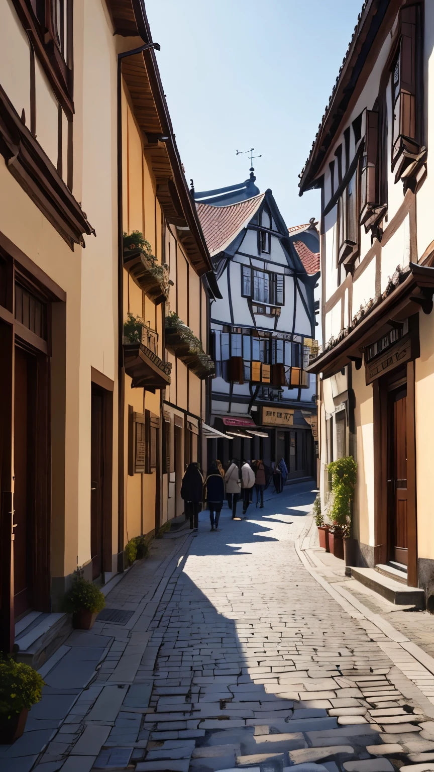 「Along the cobblestone streets、An old European town lined with traditional buildings made of wooden frames and white walls。There are a few people on the street々is walking、wearing winter clothes。At the top is a decorated building.、There is a calm atmosphere in the air.。」