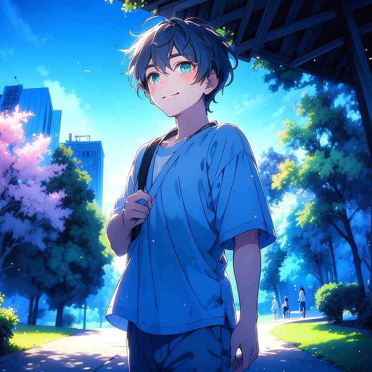 Masterpiece, best quality, high quality, One boy, Teenager boy, has short black hair, green eyes, best eyes, wears , handsome, walking in the park, Sakura trees in the park, shy smile, sunny day, Anime atmosphere