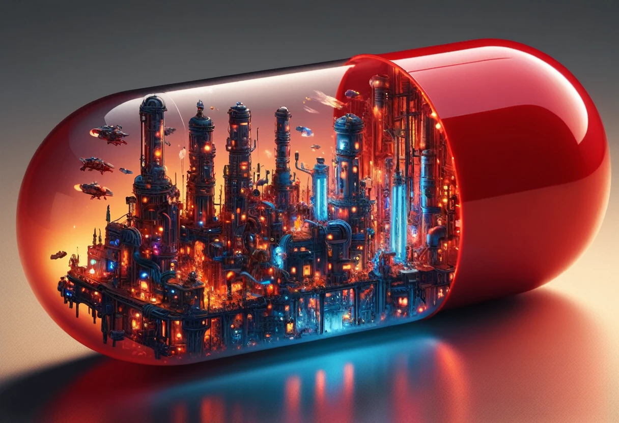 キッチンテーブルの上のdream-like赤い錠剤, Partially transparent tablets, High Contrast, Amazingly detailed, Factory in a pill at sunset, CMO, CMIC, . Surreal, Mysterious, dream-like, mysterious, Fantasy, Very detailed,