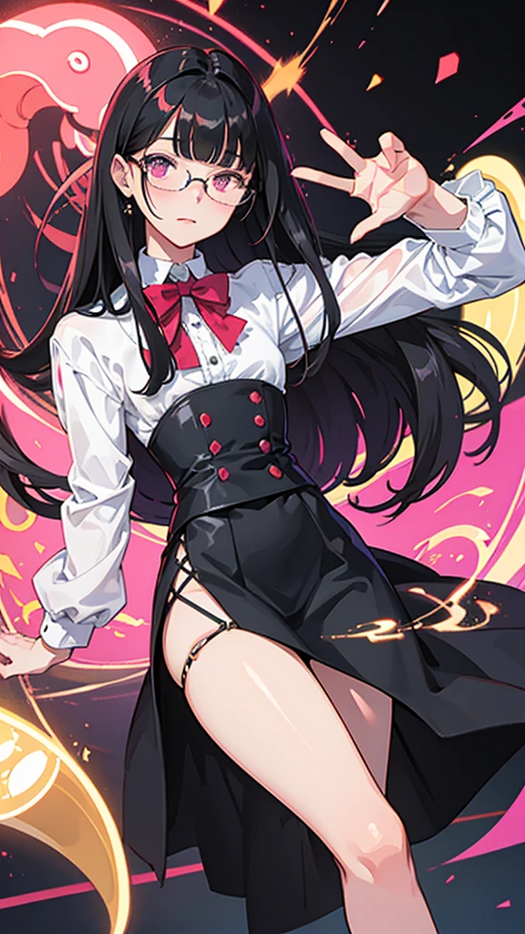 (highest quality: 1.3), (masterpiece: 1.3), (Ultra-detailed: 1.3), (Best Shadow: 1.1)、(One Girl: 1.1)、(Detailed hands and fingers:1.2)、(Ultra-oily, lustrous skin with attention to detail:1.2)、Anime 2D Rendering, Realistic young anime woman,
Perfect Face, Beautiful fine details, Beautiful body, Beautiful thighs, (Small breasts:1.3)、Beautiful feet, White beautiful skin, Baby Face、 12 year old girl、
Dark purple hair、(Semi-long hair、White ribbon), Sparkling blue eyes、double eyelid、
(Black choker:1.2)、(White shirt with collar and buttons:1.4)、(Blue tie:1.4)、(Red checkered pleated skirt:1.4)、(Black knee-high stockings:1.3)、(Loafers:1.3)、Earrings、(Red-rimmed glasses:1.2)、
Wicked Smile、((Grin))、A pretty face and a charming smile,Turn your face and body towards the viewer、Sexy pose、Are standing、
