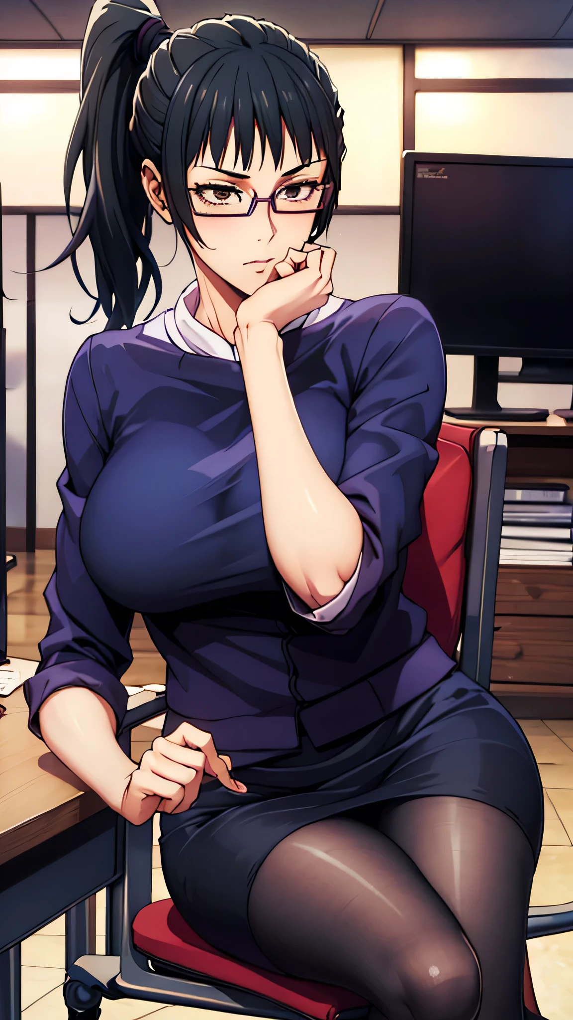 ((Glasses)),(((Correct Anatomy))),((Beautiful legs)),(In the office),beauty、Big Breasts、Style Batsugun、Nice body、Black Hair、Long Hair、Black pantyhose、skirt、pantyhose、ponytail、Sitting in a chair