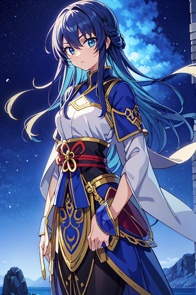 Highest quality, masterpiece, High resolution, alone, （Fire Emblem: Cecil），（Fire Emblem: Genealogy of the Holy War），Long sword，kimono，Great armor、Nothing，（Armor‗Japan），（Looking up ‗ Face），（Jinhaori），Evening sky_background，Young Girl，Anime Style, Highest quality, 4k, masterpiece,， alone, 1,whole body，looking at the camera, Shinkai Makoto style, （blue_Hair Color）Sharp Eyes，（Full Finger）, （Accurate fingertips）, （The finer details）, （Anatomically correct）, (映画のbackground), Hyper Detail, (Subtle details), (Intricate details),