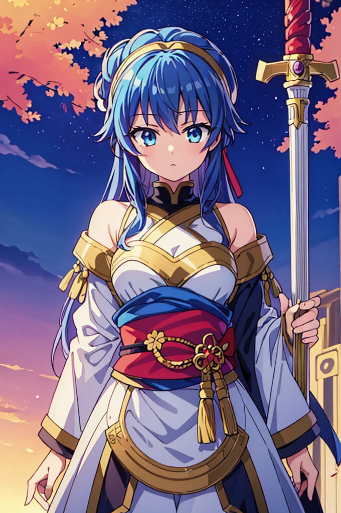 Highest quality, masterpiece, High resolution, alone, (Fire Emblem: Cecil),(Fire Emblem: Genealogy of the Holy War),Long sword,kimono,Great armor、Nothing,(Armor‗Japan),(Looking up ‗ Face),(Jinhaori),Evening sky_background,Young Girl,Anime Style, Highest quality, 4k, masterpiece,, alone, 1,whole body,looking at the camera, Shinkai Makoto style, (blue_Hair Color)Sharp Eyes,(Full Finger), (Accurate fingertips), (The finer details), (Anatomically correct), (映画のbackground), Hyper Detail, (Subtle details), (Intricate details),