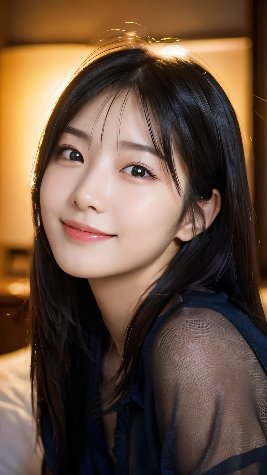 (Highest quality,masterpiece:1.3,Ultra-high resolution),(Very detailed,Caustics,16K),(Realistic:1.4,RAW shooting),Ultra-Realistic Capture,Human skin close-up,Natural skin texture,The pores are detailed enough to be easily identified,Healthy Skin and Even Tone,Use natural light and color,18-year-old,Japanese,cute,Long black hair,I'm looking at the camera with a smile on my face,Big Breasts,Waist up shot,(Face Focus:1.2),(Face close-up:1.2),(Low position:1.3),(Low Angle:1.3),(Night bets),Lens flare,On the bed、In pajamas