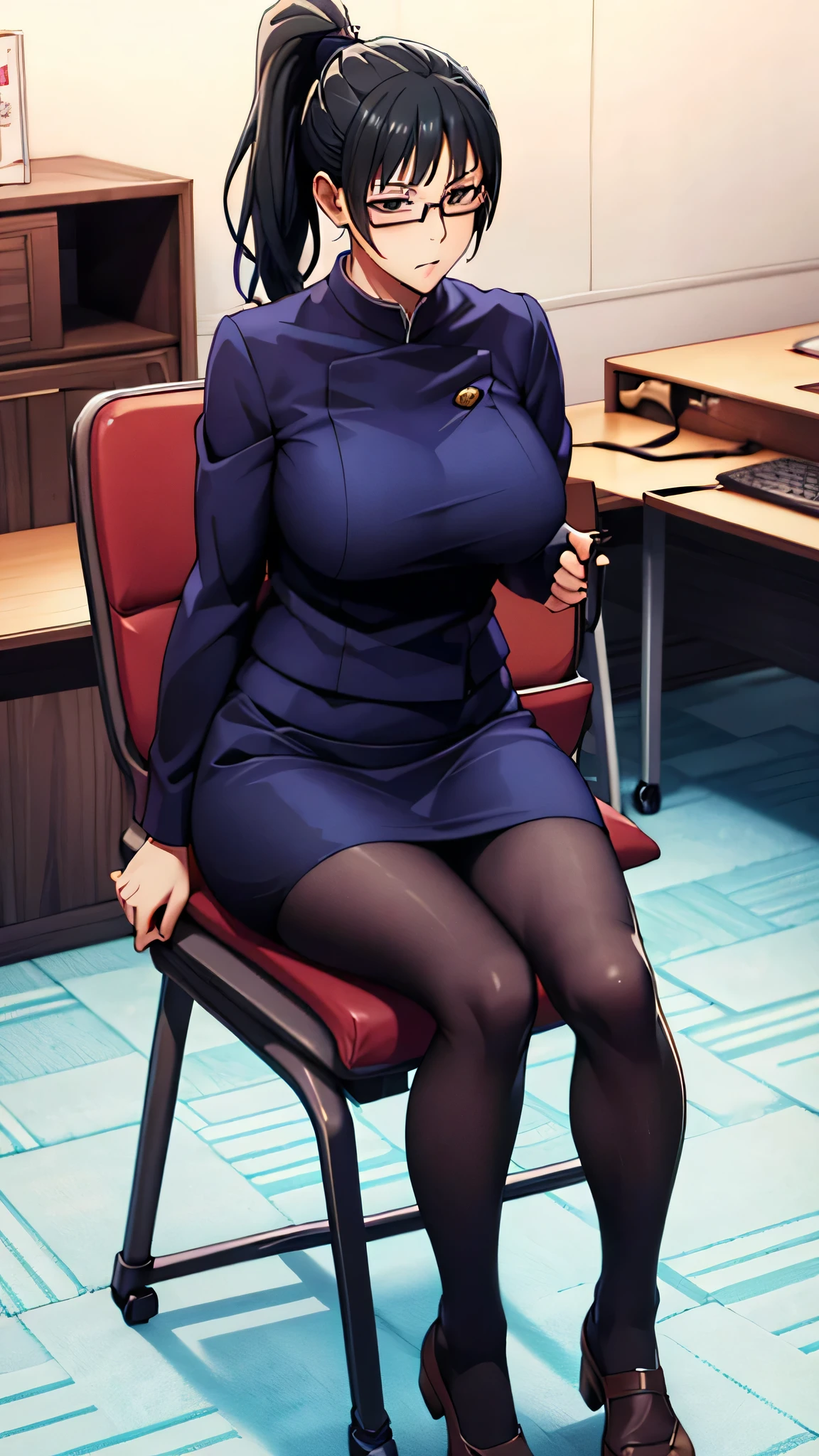 ((Glasses)),(((Correct Anatomy))),((Beautiful legs)),(In the office),beauty、Big Breasts、Style Batsugun、Nice body、Black Hair、Long Hair、Black pantyhose、skirt、pantyhose、ponytail、Sitting in a chair