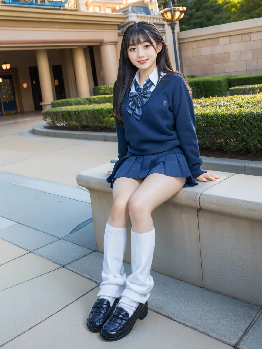 (photorealistic:1.4), best quality, masterpiece, raw 32k photo, (extremely detailed japanese beautiful girl), (extremely detailed eyes:1.2), (cute face:1.2), ultra-detailed, ultra high res, amazing, BREAK,sitting,
(school uniform:1.5), smile, (full body:1.2), detailed school girl, (disneyland:1.3), beautiful detailed girl, bangs, cute face, miniskirt,loafers, 