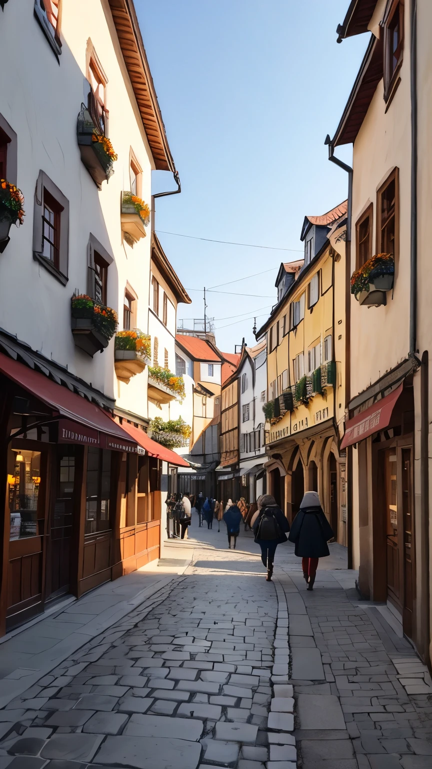 「Along the cobblestone streets、An old European town lined with traditional buildings made of wooden frames and white walls。There are a few people on the street々is walking、wearing winter clothes。At the top is a decorated building.、There is a calm atmosphere in the air.。」