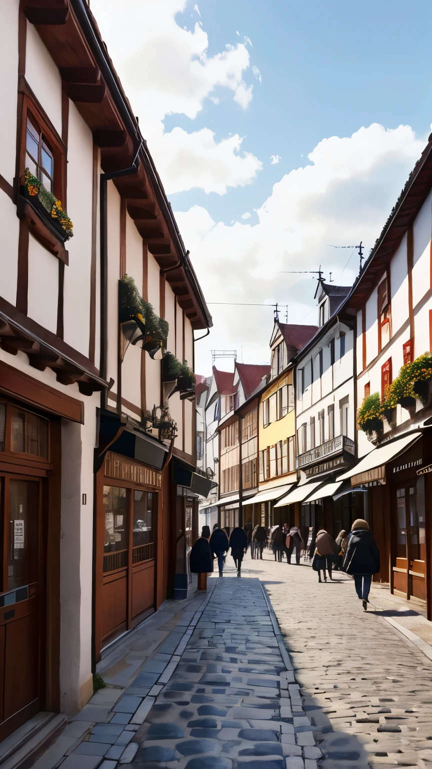 「Along the cobblestone streets、An old European town lined with traditional buildings made of wooden frames and white walls。There are a few people on the street々is walking、wearing winter clothes。At the top is a decorated building.、There is a calm atmosphere in the air.。」