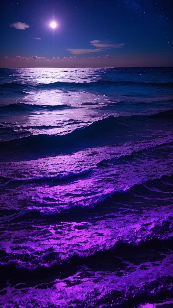 bioluminescent stars in the sky, pink half moon, touquois sky, soft cotton clouds, tourqouis ocean waves, shiny, purple water, galaxy, complementing lighting