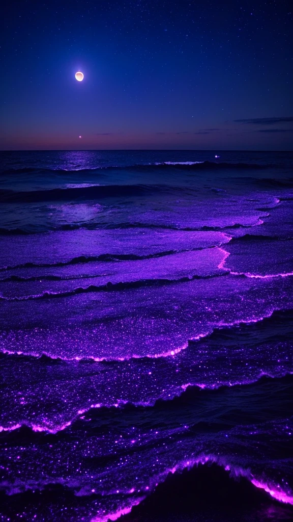 bioluminescent stars in the sky, pink half moon, touquois sky, soft cotton clouds, tourqouis ocean waves, shiny, purple water, galaxy, complementing lighting