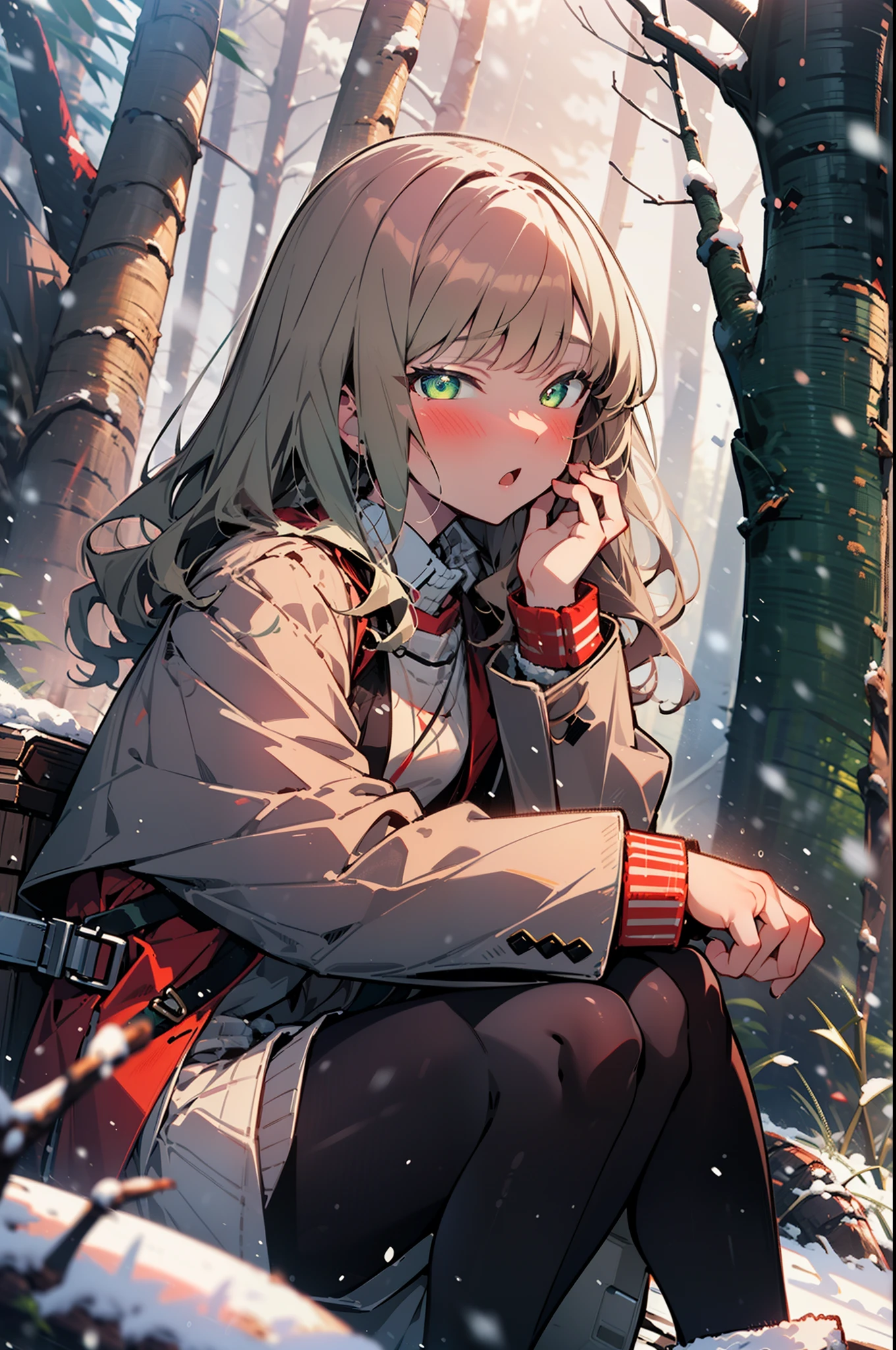 minami yume ,sss Dynazenon ,Long Hair, Brown Hair, (Green Eyes:1.5) ,Mid-chest,smile,blush,White Breath,
Open your mouth,snow,Ground bonfire, Outdoor, boots, snowing, From the side, wood, suitcase, Cape, Blurred, Increase your meals, forest, White handbag, nature,  Squat, Mouth closed, フードed Cape, winter, Written boundary depth, Black shoes, red Cape break looking at viewer, Upper Body, whole body, break Outdoor, forest, nature, break (masterpiece:1.2), highest quality, High resolution, unity 8k wallpaper, (shape:0.8), (Beautiful and beautiful eyes:1.6), Highly detailed face, Perfect lighting, Extremely detailed CG, (Perfect hands, Perfect ???????),