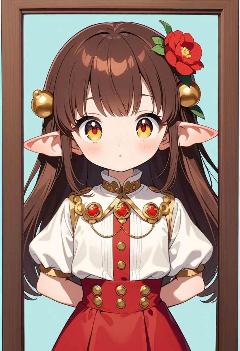 front，ID photo，An anime girl wearing a red skirt and black，She has brown hair and eyes。There are balls on both sides of the head，Shoulder-length hair，And wearing red flower ornaments on the ears。She wears a white blouse，It has gold buttons and pink cuffs.。Clean and tidy style