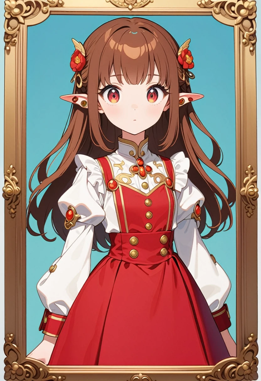 front，ID photo，An anime girl wearing a red skirt and black，She has brown hair and eyes。There are balls on both sides of the head，Shoulder-length hair，And wearing red flower ornaments on the ears。She wears a white blouse，It has gold buttons and pink cuffs.。Clean and tidy style