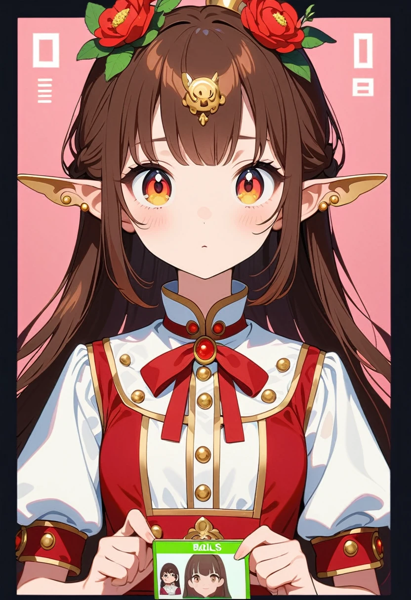 front，ID photo，An anime girl wearing a red skirt and black，She has brown hair and eyes。There are balls on both sides of the head，Shoulder-length hair，And wearing red flower ornaments on the ears。She wears a white blouse，It has gold buttons and pink cuffs.。Clean and tidy style