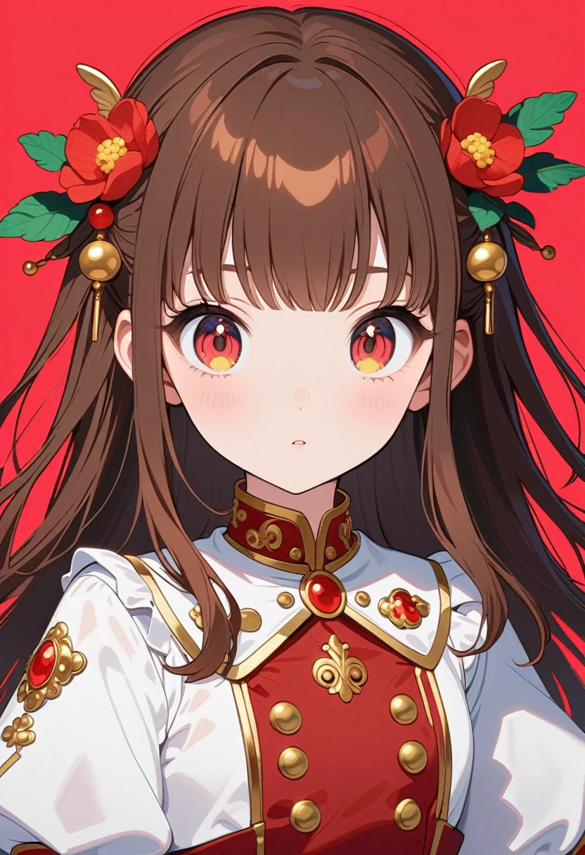 front，ID photo，An anime girl wearing a red skirt and black，She has brown hair and eyes。There are balls on both sides of the head，Shoulder-length hair，And wearing red flower ornaments on the ears。She wears a white blouse，It has gold buttons and pink cuffs.。Clean and tidy style