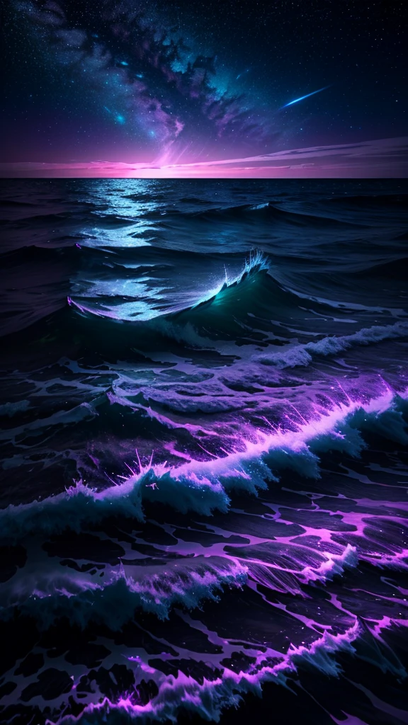 bioluminescent stars in the sky, pink half moon, touquois sky, soft cotton clouds, tourqouis ocean waves, shiny, purple water, galaxy, complementing lighting
