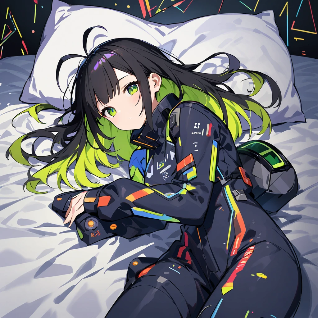 [Electric elements blue_Horizontal_striped flight_suit: starry stars cloud colorful:20] = [Electric elements blue_Horizontal_striped flight_suit: starry stars cloud colorful:2.0], hand drawing cartoon style 2d stick figure of a Electric_elements_circuit_girl, lie on bed, (detailed emerald eyes, jet-black hair,colored inner green ombre hair multicolored hair,antenna hair):1.21, standing, cowboy_shot, side_view, slightly looking at viewer, elegant pose, in ivory night_wear, using clean geometric shapes and lines to sleeping girl design drawings. The overall style should be flat, two-dimensional, and evoke old-school t-shirt graphics