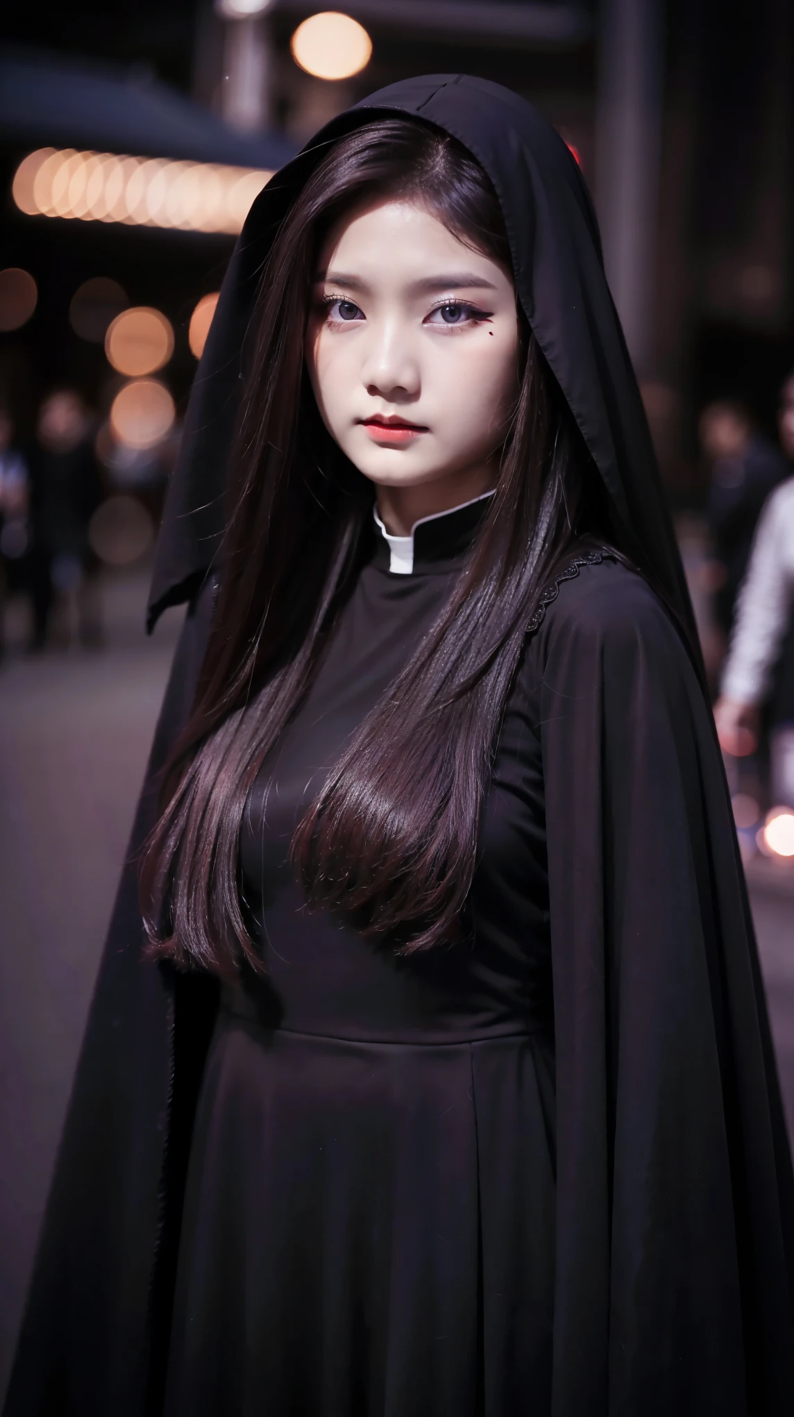 1 Same Girl , Perfect Beautiful , , Korean 18 Years Old , Medium Hair , Black Gothic Nun Dress , Athletic Body , Extreme Detailed Portrait With Bokeh Effect , Realistic Lighting , Night Street View , Dark Vibe , Crowd , Gothic Makeup , Gothic Tattoo , Posing Like a Model , Look at Viewer