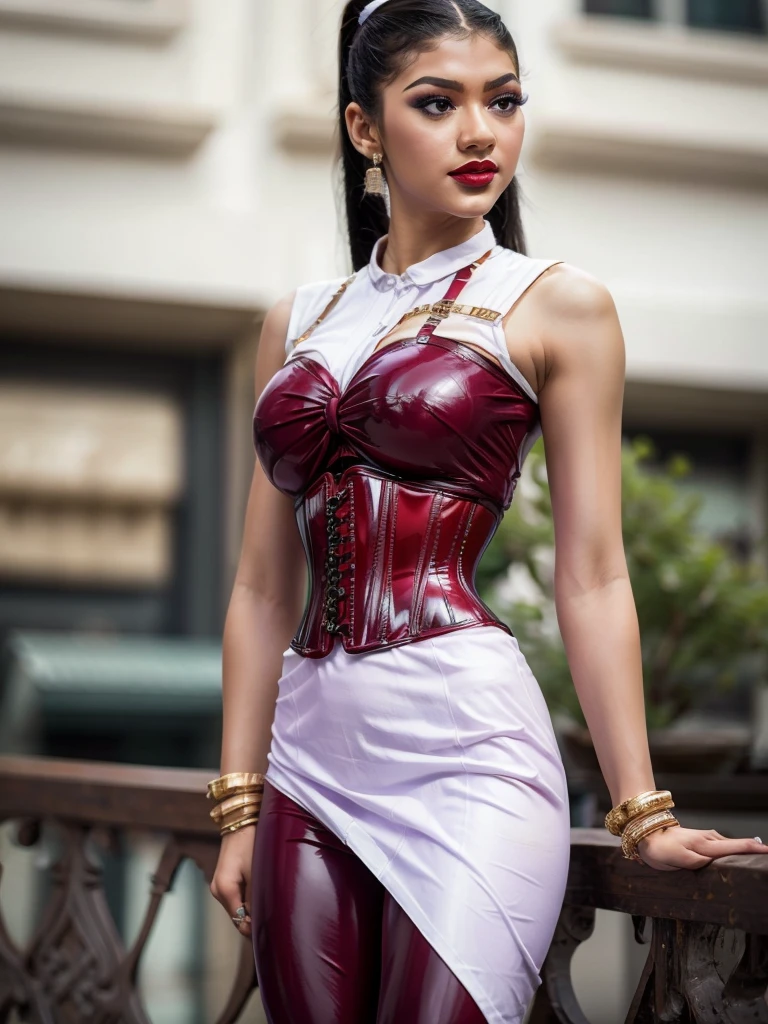 ((best quality)), ((Masterpiece)), (4k details), photorealism, head to knees, zendaya, Plump body, tight red latex leggings, white cotton dress shirt, (purple leather waist corset), Big muscles, Twintail hairstyle, Eyes on the camera, red lips"