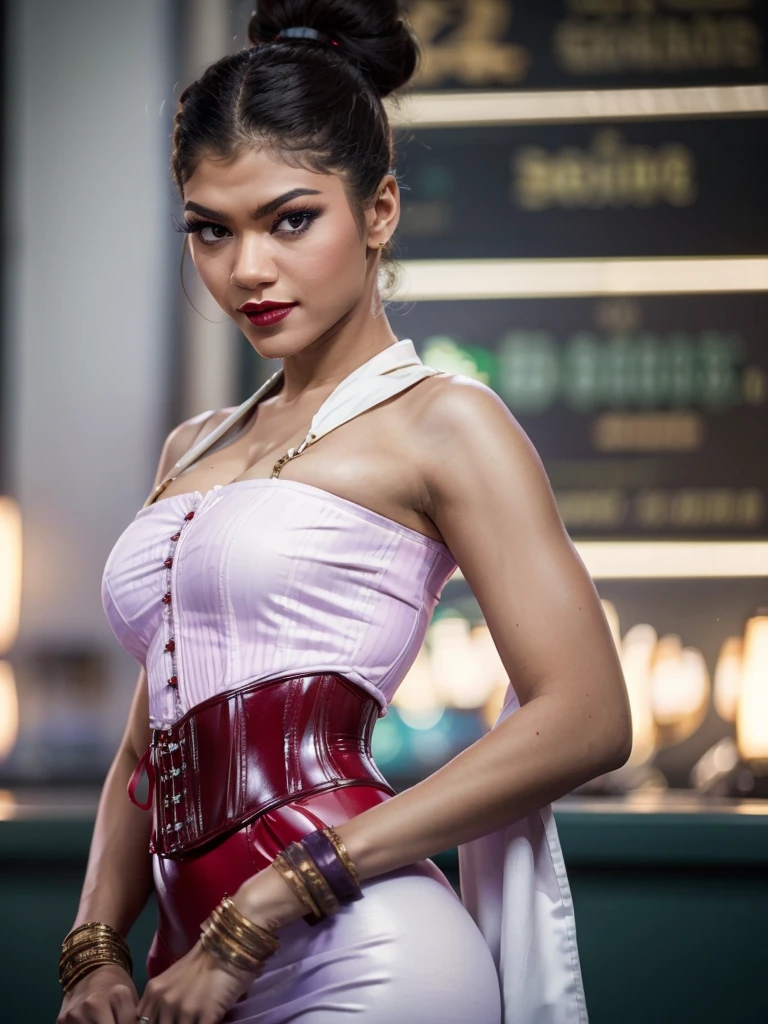 ((best quality)), ((Masterpiece)), (4k details), photorealism, head to knees, zendaya, Plump body, tight red latex leggings, white cotton dress shirt, (purple leather waist corset), Big muscles, Twintail hairstyle, Eyes on the camera, red lips"