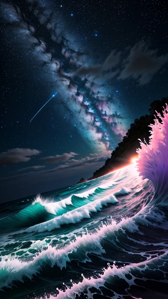 bioluminescent stars in the sky, pink half moon, touquois sky, soft cotton clouds, tourqouis ocean waves, shiny, purple water, galaxy, complementing lighting