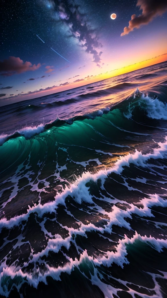 bioluminescent stars in the sky, pink half moon, touquois sky, soft cotton clouds, tourqouis ocean waves, shiny, purple water, galaxy, complementing lighting