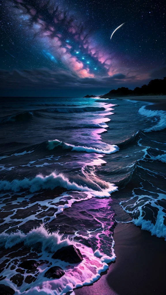 bioluminescent stars in the sky, pink half moon, touquois sky, soft cotton clouds, tourqouis ocean waves, shiny, purple water, galaxy, complementing lighting
