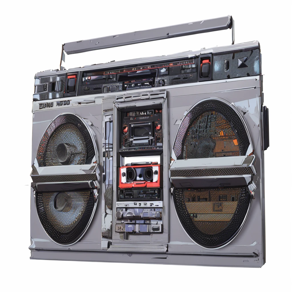 a close up of a boombox with a radio on top of it, boombox, ghetto blaster, big ghetto blaster, tape deck, cassette, radio, radios, hifi, cassette tape, cassette futurist, dj, retro technology, 1 9 8 0 s tech, full scene shot, audio equipments, sound, nostalgic vibes, retro tech, 80s retro