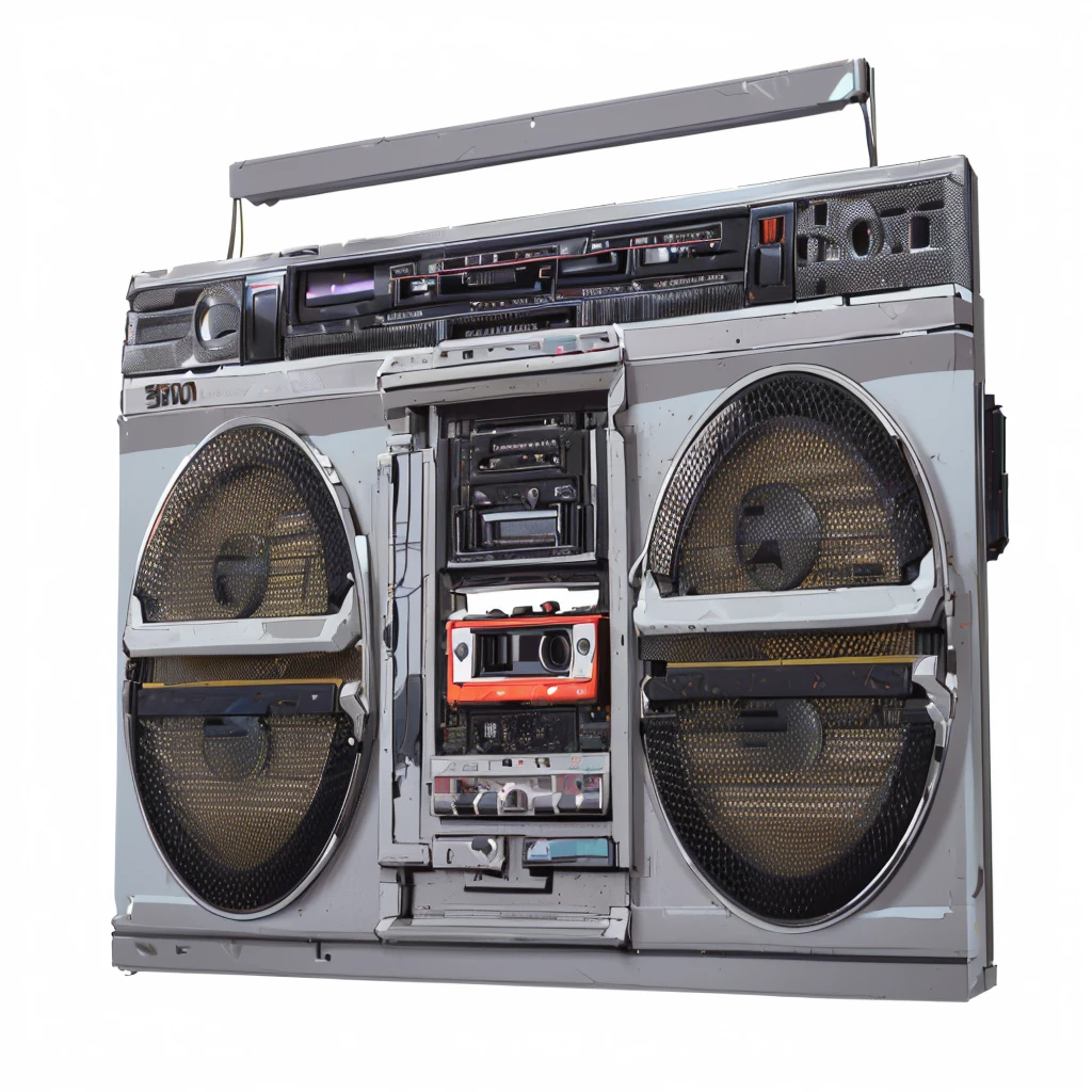 a close up of a boombox with a radio on top of it, boombox, ghetto blaster, big ghetto blaster, tape deck, cassette, radio, radios, hifi, cassette tape, cassette futurist, dj, retro technology, 1 9 8 0 s tech, full scene shot, audio equipments, sound, nostalgic vibes, retro tech, 80s retro