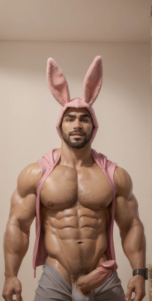 1boy, solo, facial hair, male focus, bulge, pectorals, bara, muscular, mature male, muscular male, abs, beard, nipples, short hair, navel, stomach, large pectorals, thick eyebrows, bare pectorals, dark-skinned male, animal costume, erection, thighs, erection under clothes, animal hood, dark skin, open clothes, animal ears, hood, pink bodysuit, pectoral cleavage, cowboy shot, feet out of frame, thick thighs, looking at viewer, fake animal ears, rabbit costume, masterpiece, 4k, high quality, highres, absurdres,