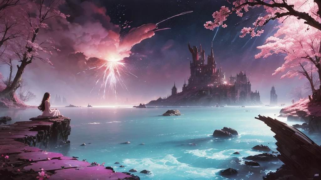 32k, Masterpiece, Highest quality, One girl, Detailed eyes, flower,Sandersonia, Pink and brown style,A dreamy, romantic piece,Pale pink, Mysterious Leaves,A playful arrangement,Fantasy,High Contrast,Ink strokes,explosion,Exposure, Impression of pink and brown tones,Abstract,((Watercolours by John Berkey and Jeremy Mann )) Brush strokes,Negative Space, Tyndall effect,