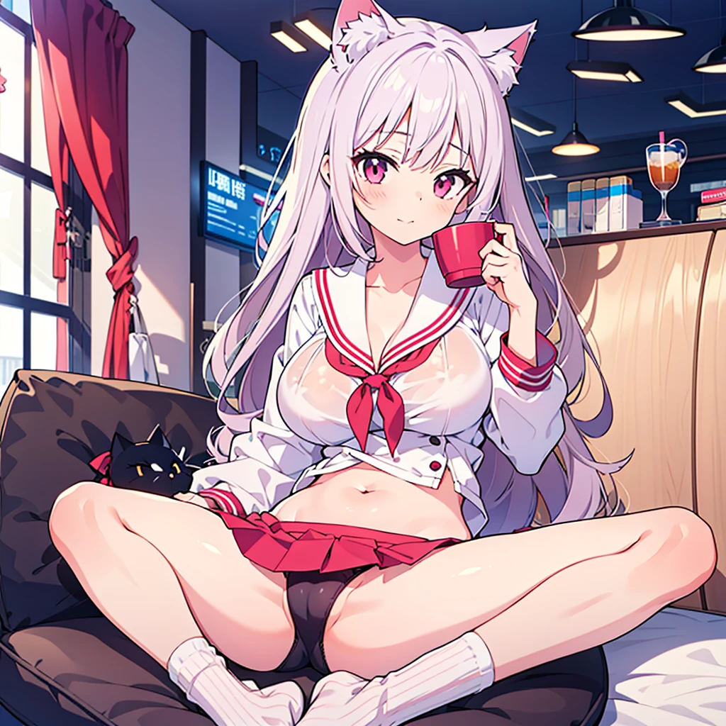 1 girl,High Aims,abdomen,Ultra-short sailor suit,Large Breasts,Room,Face is so red,Slim,Big breasts can also support the cup,Incredibly sexy,one person,Cat ear,full-body shot,mini skirt,Black socks,Reveals pink underwear,White hair,Legs open,stocking